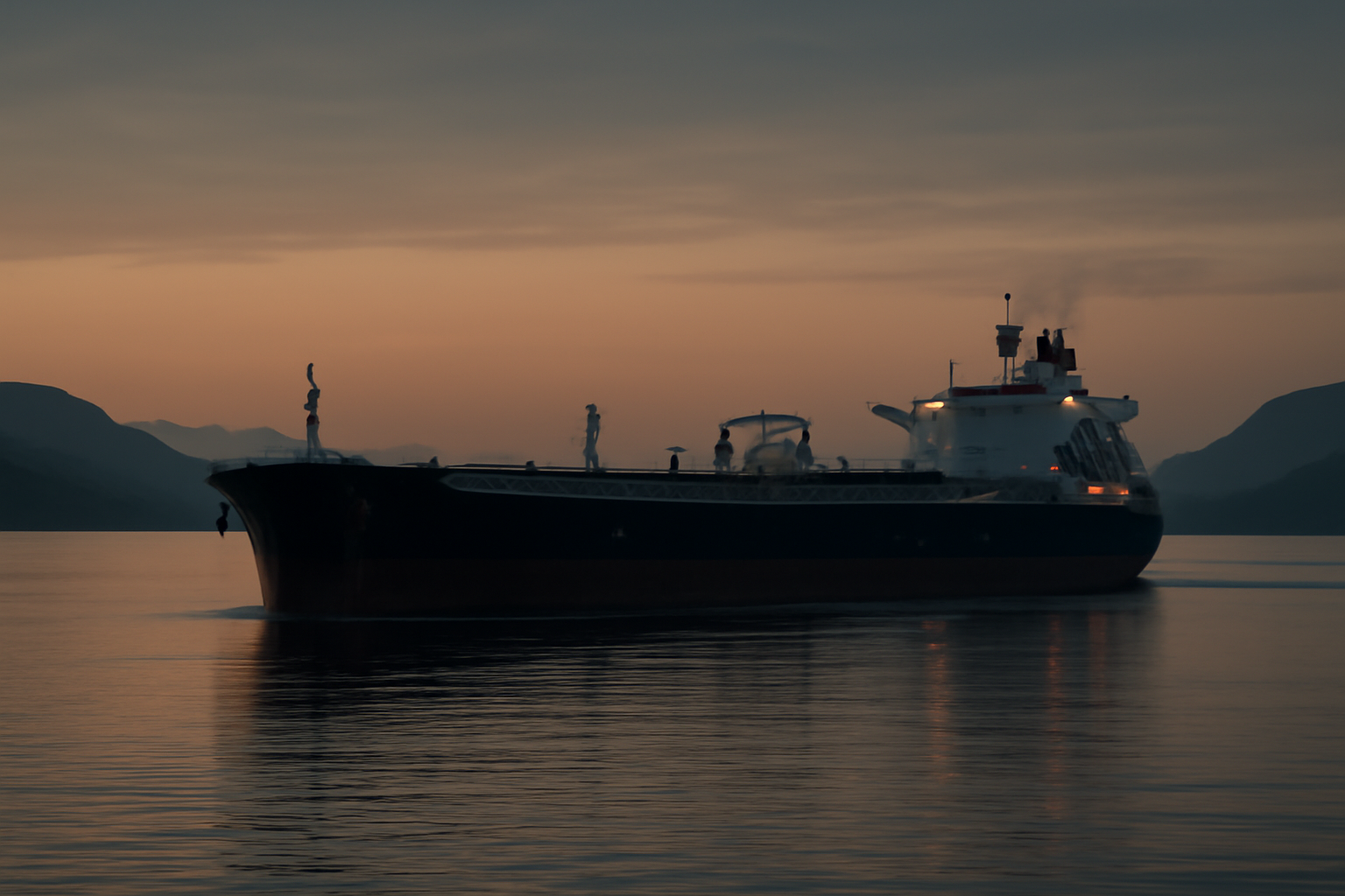 Oil tanker navigating the narrow shipping lane of the Strait of Hormuz at dusk