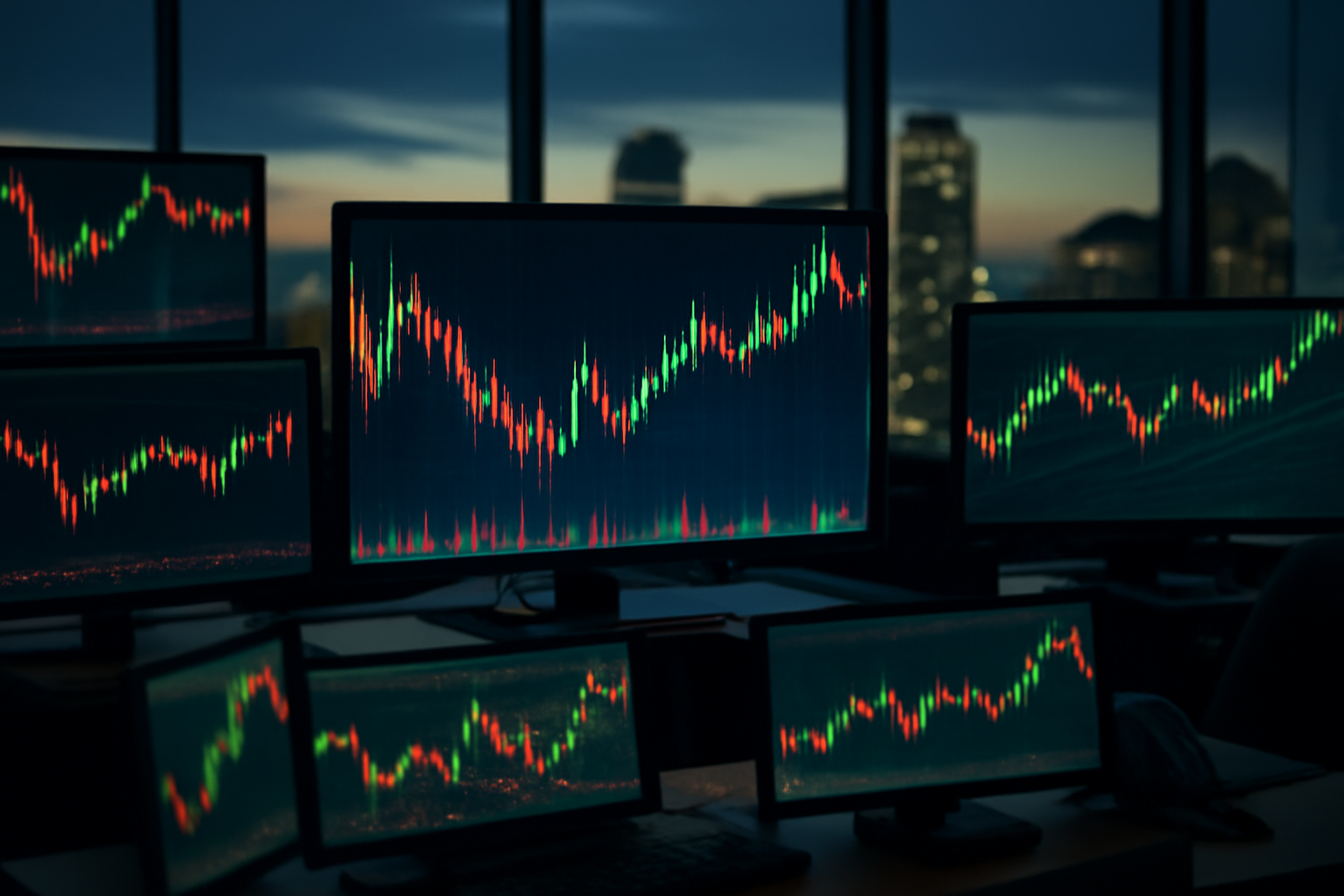 Trading floor monitors showing mixed red and green currency and equity charts above a dim city skyline