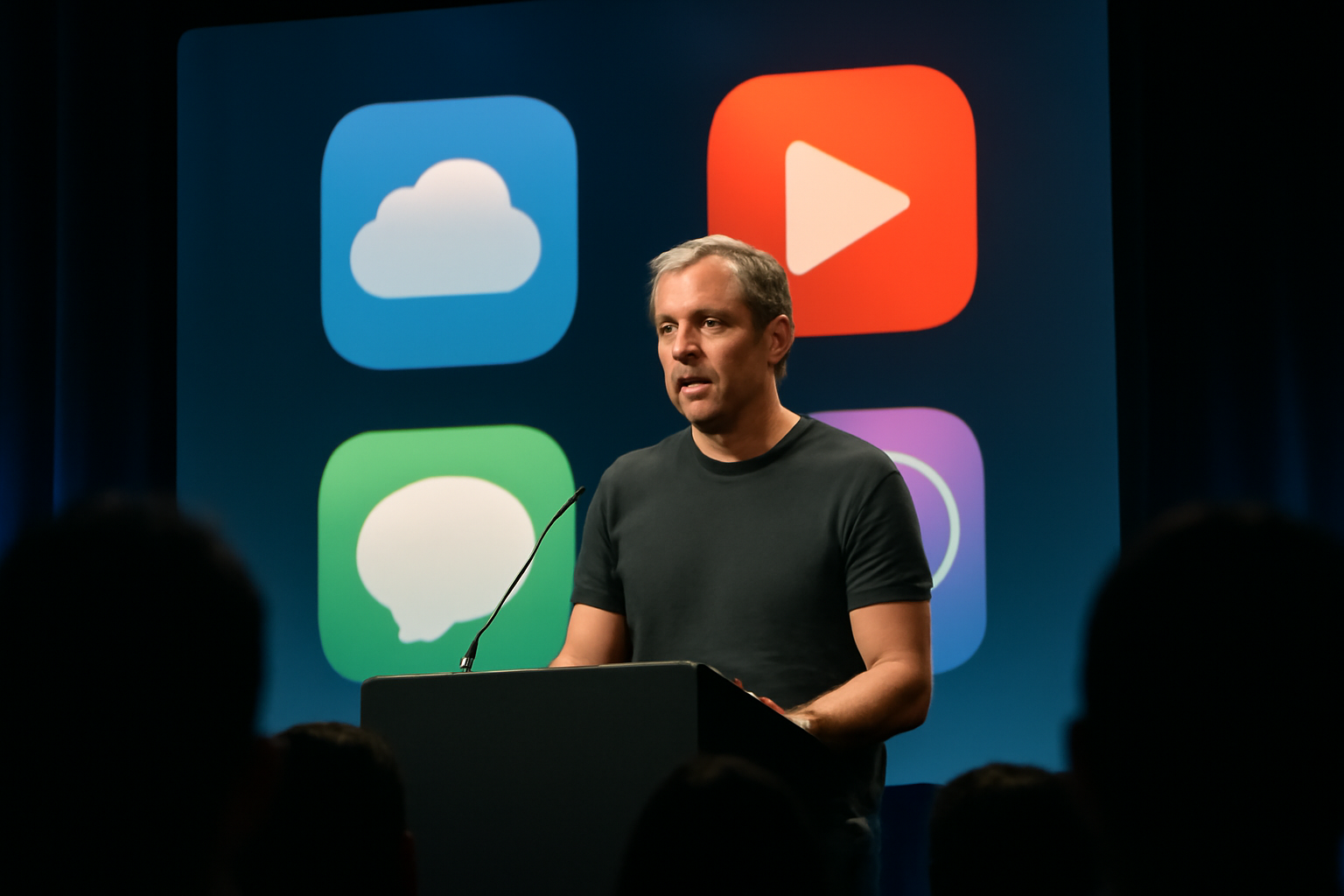 Mark Zuckerberg speaking on stage at a technology conference podium