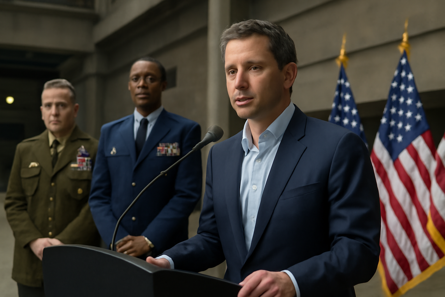 Elon Musk speaking at a government event with military officials in the background