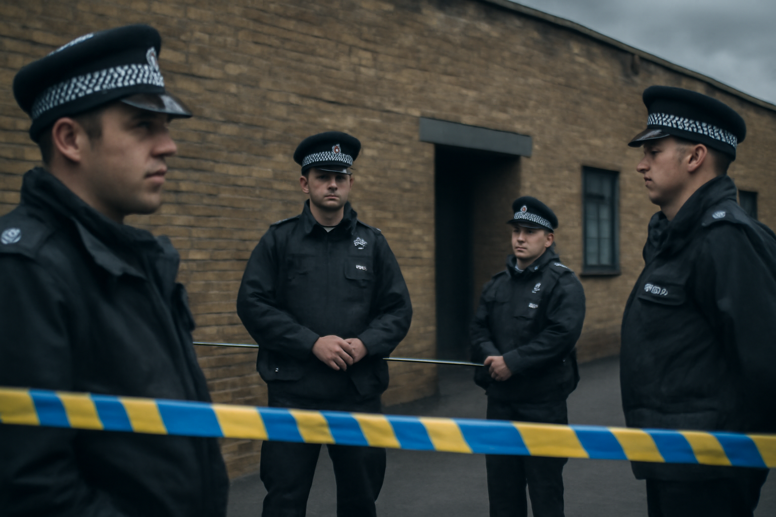 Police tape outside a UK building under overcast skies, officers standing nearby