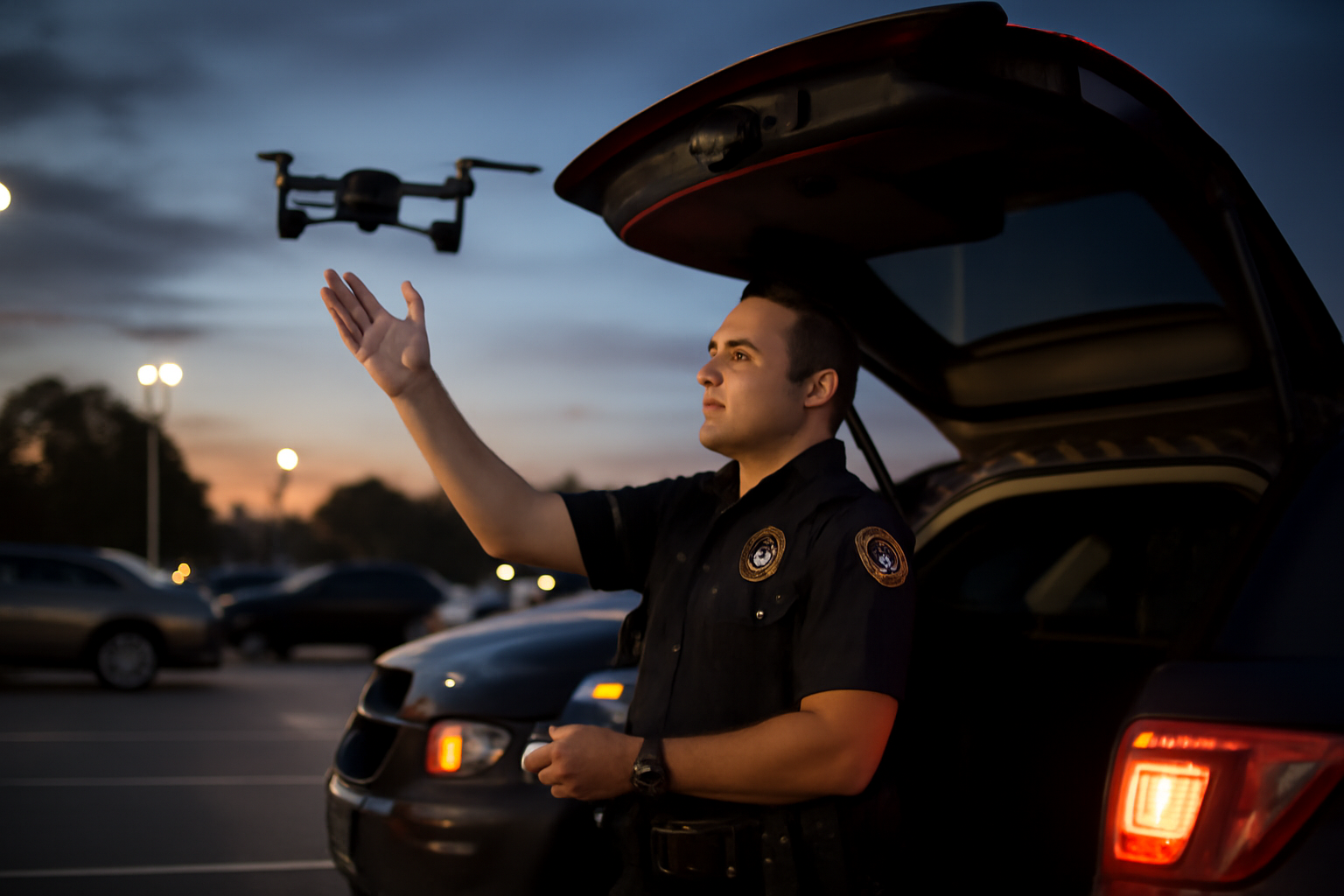 A police officer operating a small quadcopter drone from the trunk of a patrol vehicle at dusk