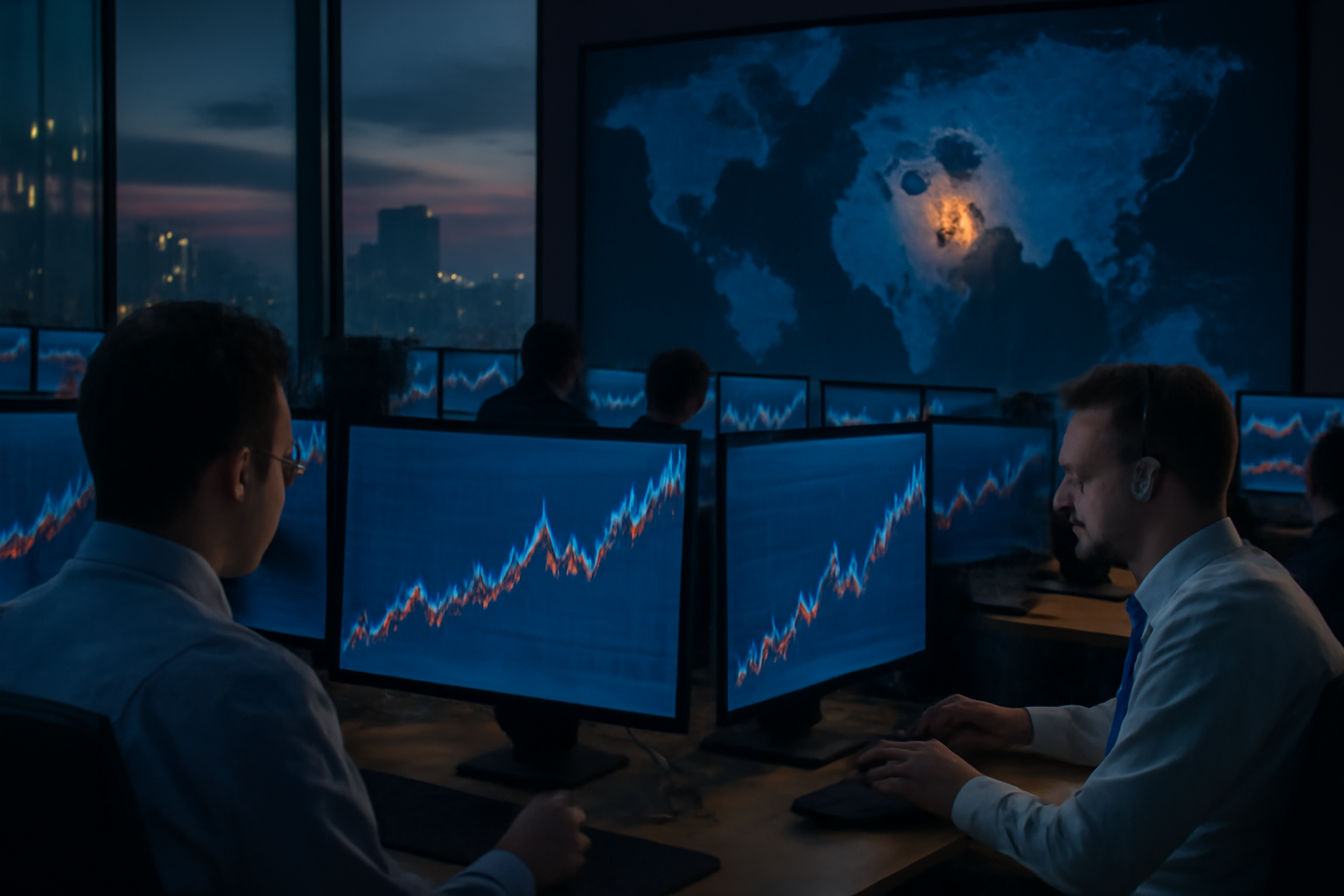 Trading floor monitors showing upward-trending yield charts beside a softly lit map highlighting the Middle East