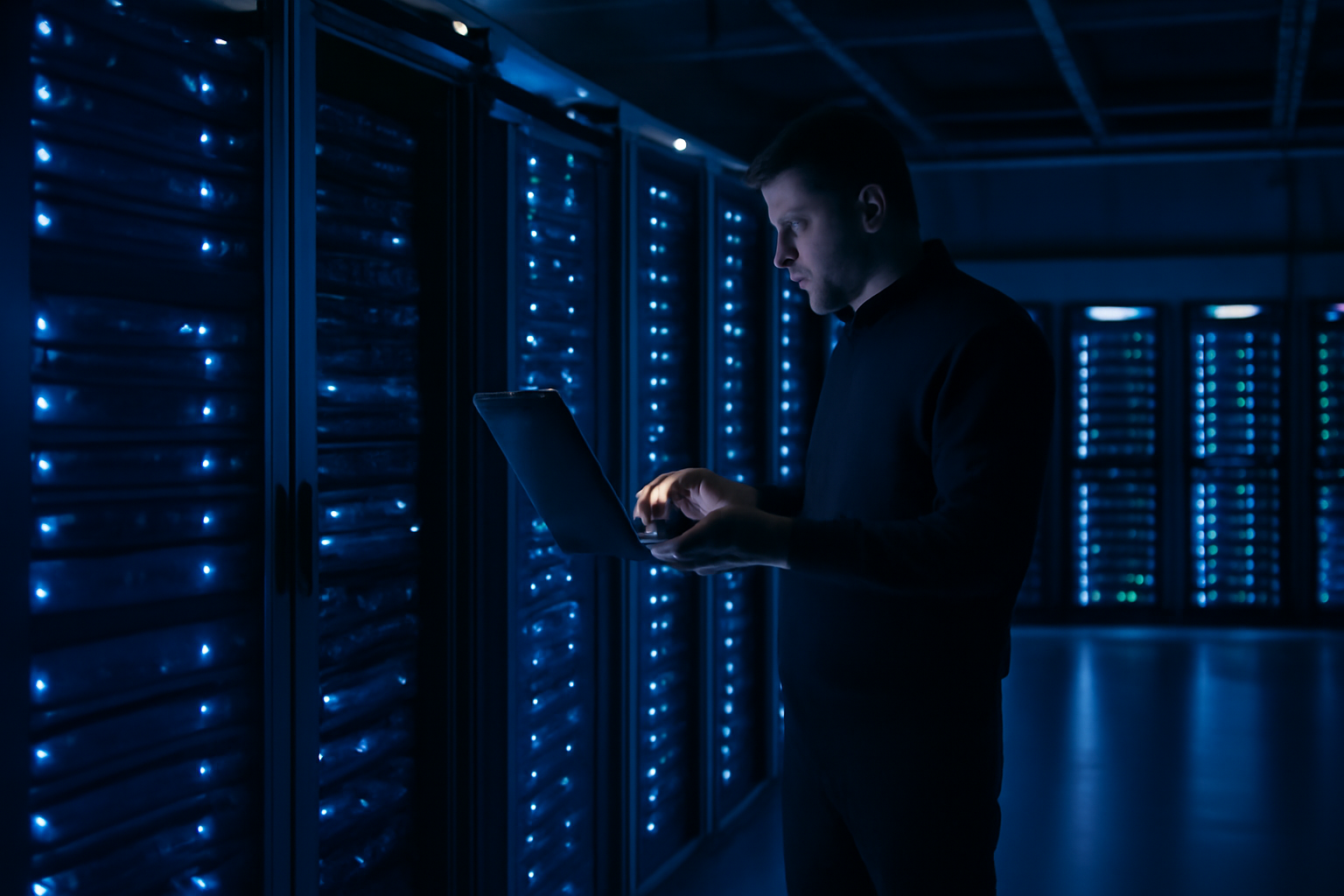 Rows of server racks in a data center with a technician checking a laptop during a security patch rollout