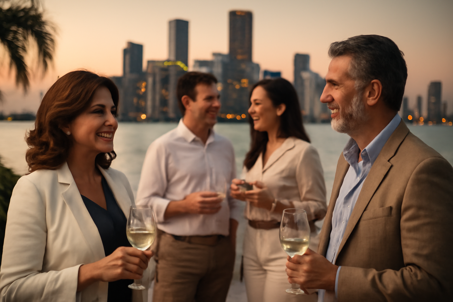 Group of well-dressed Cuban-American business leaders mingling at a Miami poolside gathering overlooking Biscayne Bay