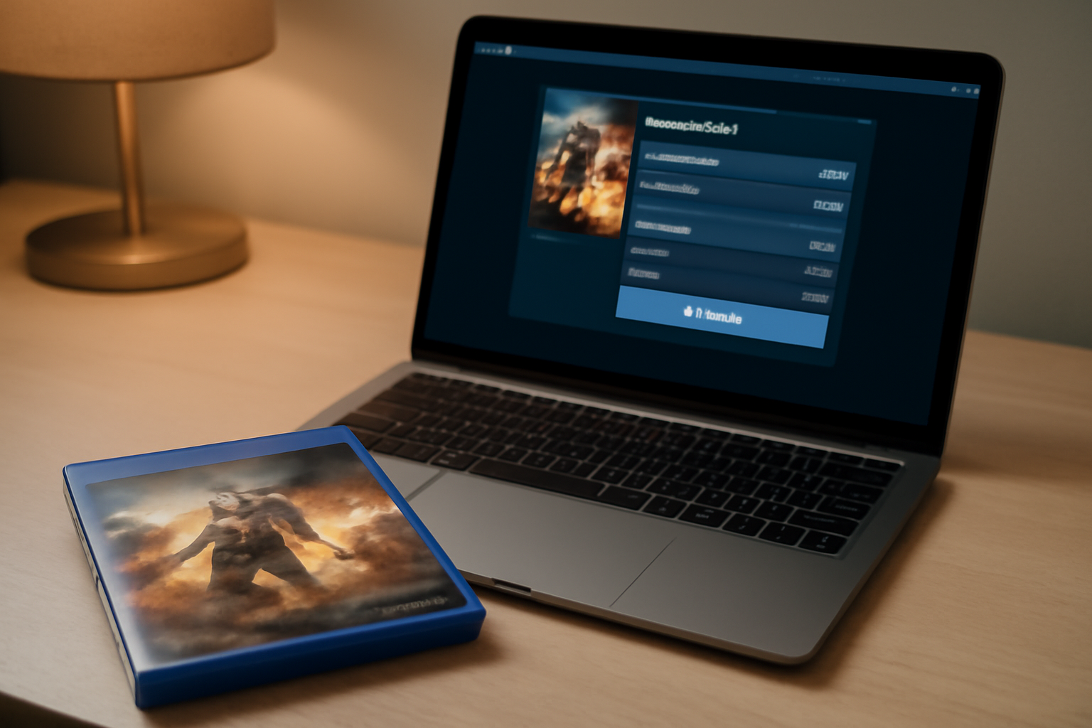A video game disc case and a smartphone showing a digital storefront sit side by side on a desk