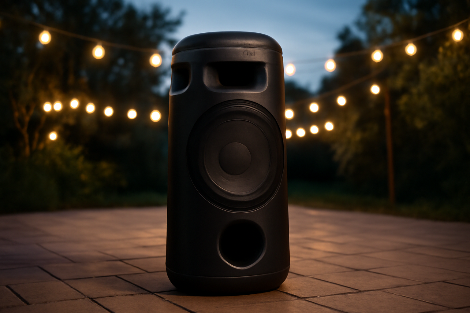 Sony ULT Tower 7 party speaker standing outdoors near patio lighting