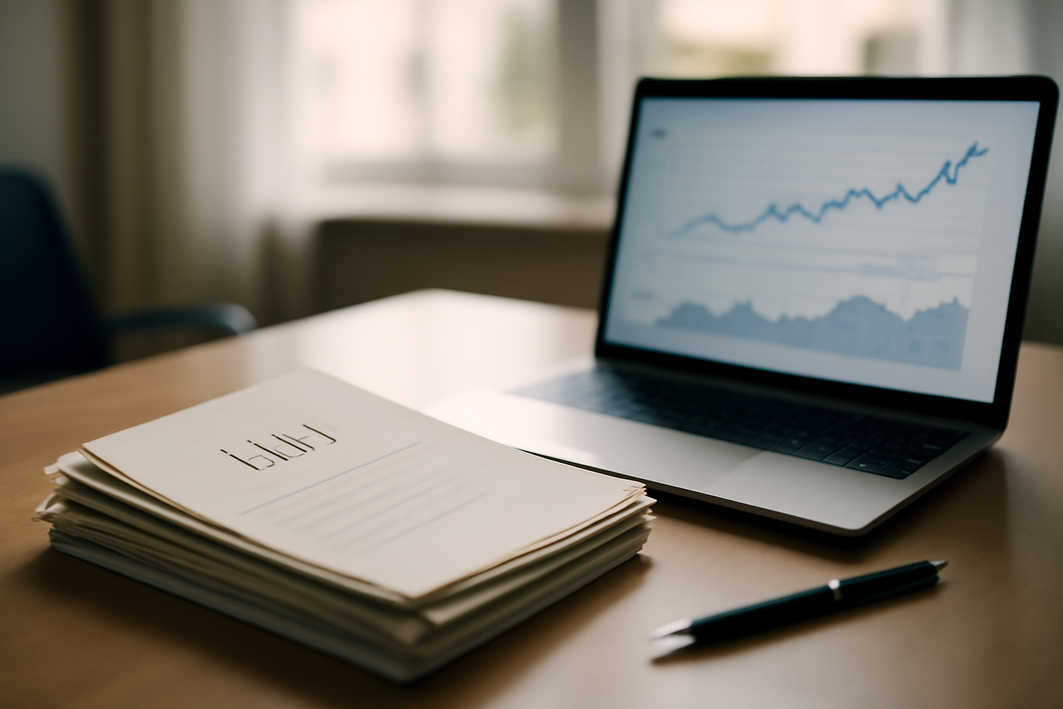 Stack of corporate loan documents beside a laptop showing financial charts on a desk