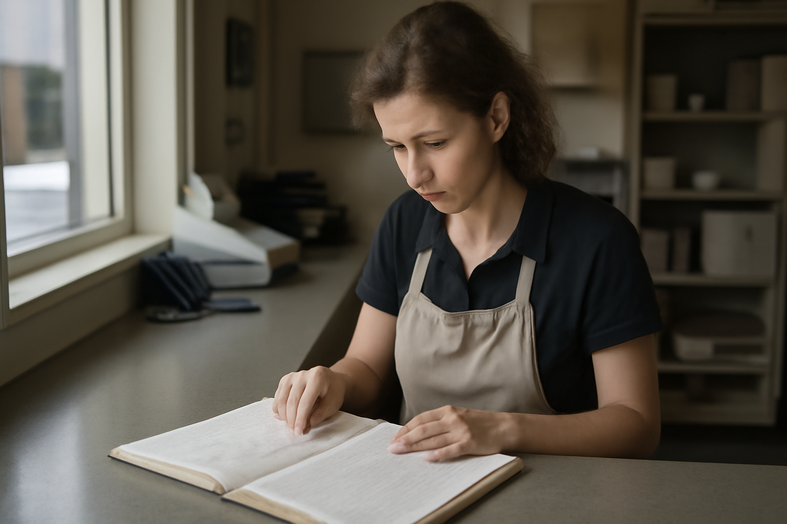 Service worker at a small business checking a rising cost ledger near a storefront counter
