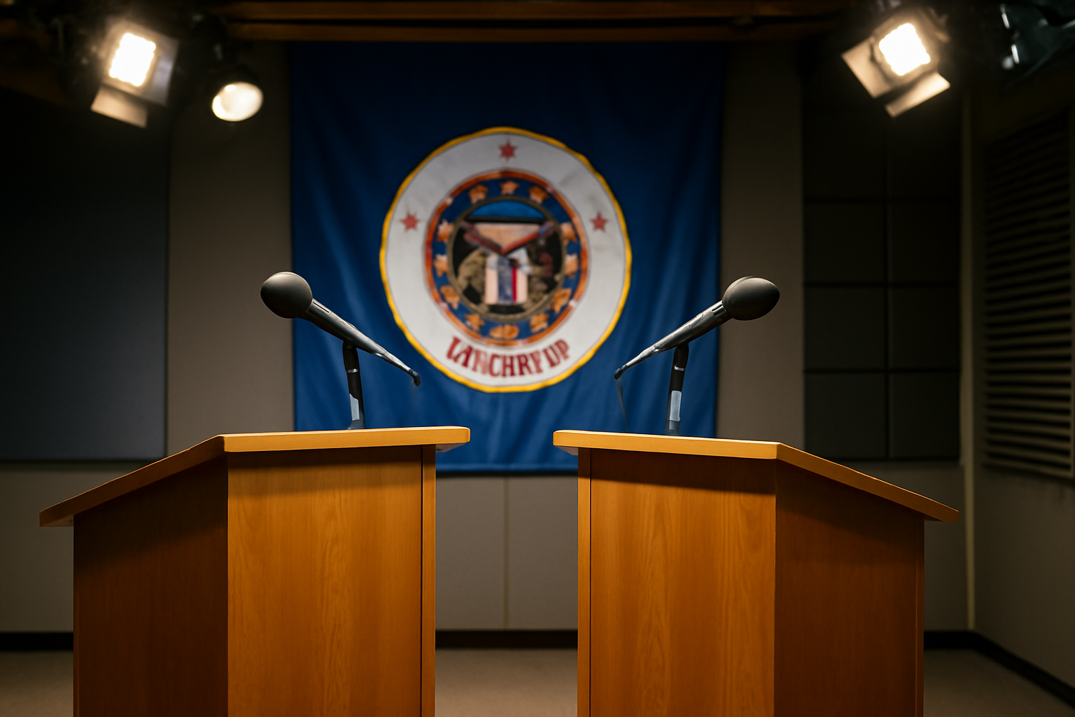 Empty public radio debate stage with two podiums and microphones set up for a political debate