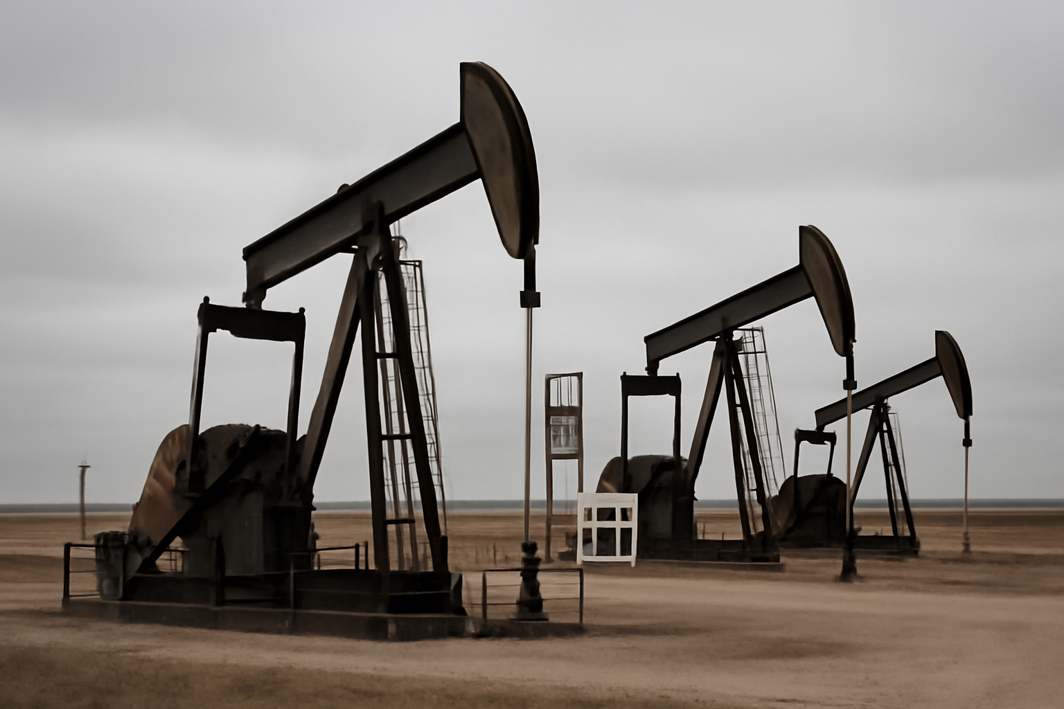 Oil pumpjacks working under an overcast sky near a highway fuel price sign
