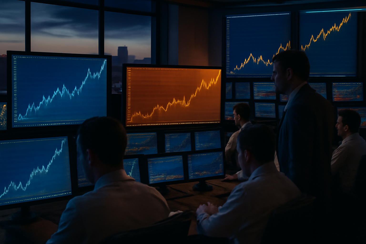 Financial trading floor monitors displaying an upward-sloping bond yield curve