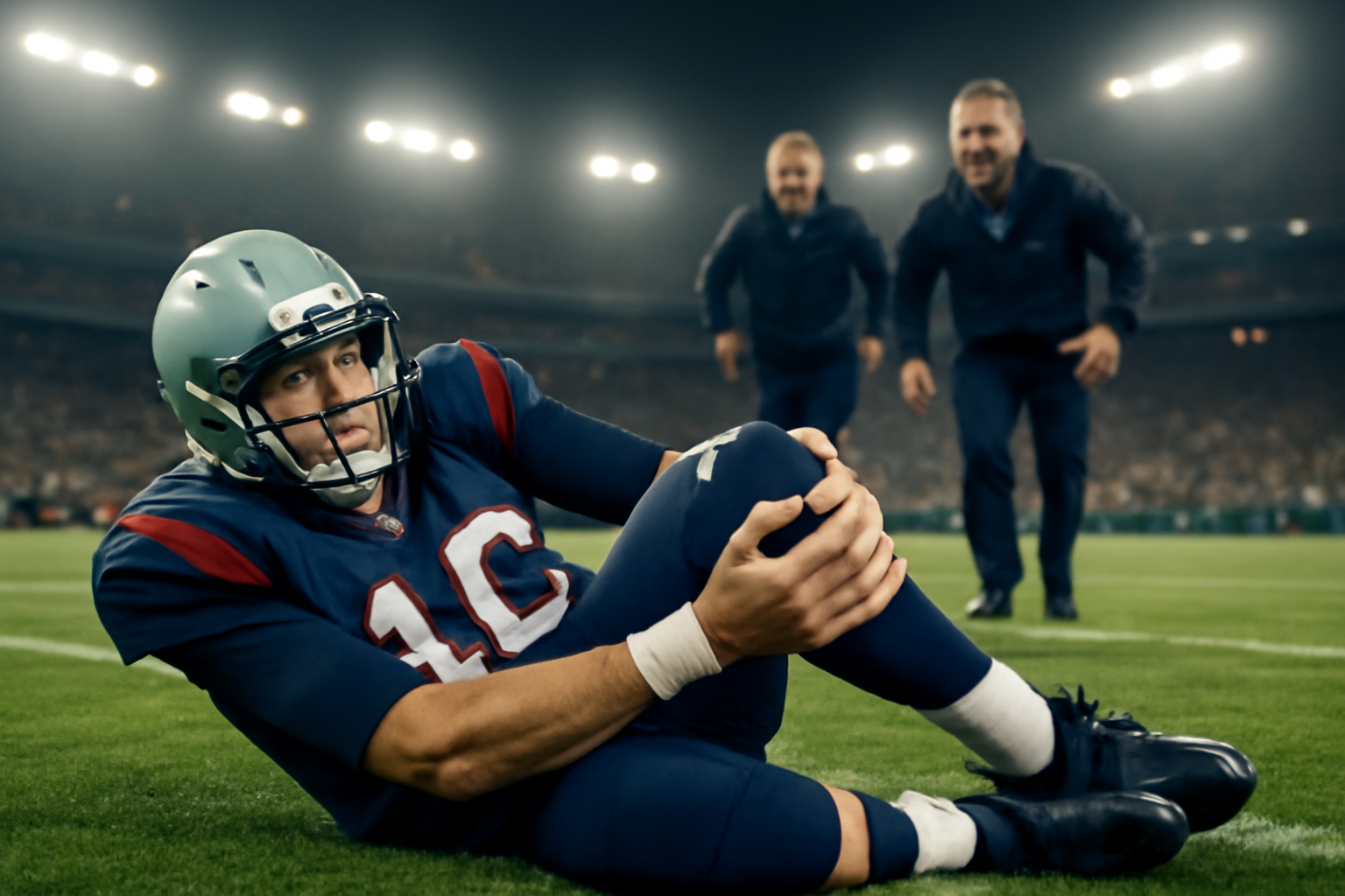 New York Giants quarterback lying on the field clutching his left knee during an NFL game