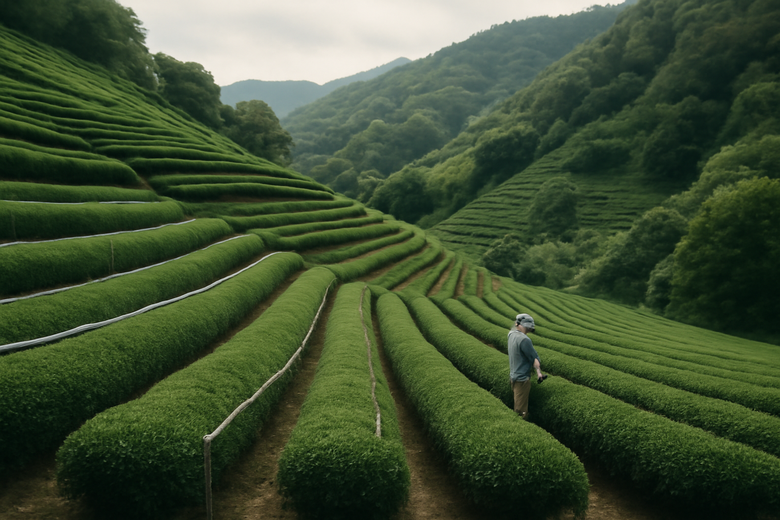 Rows of shade-grown tea bushes on a terraced hillside farm in Japan