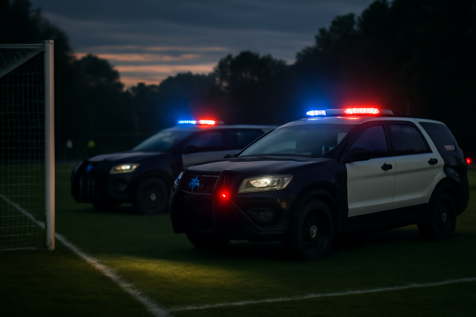 Police vehicles and emergency responders gathered on a youth soccer field in Wichita, Kansas