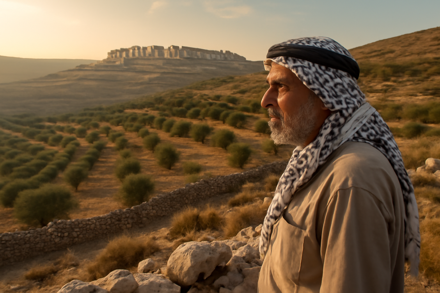 A Palestinian man stands on hillside farmland in the West Bank overlooking olive groves and distant settlement construction