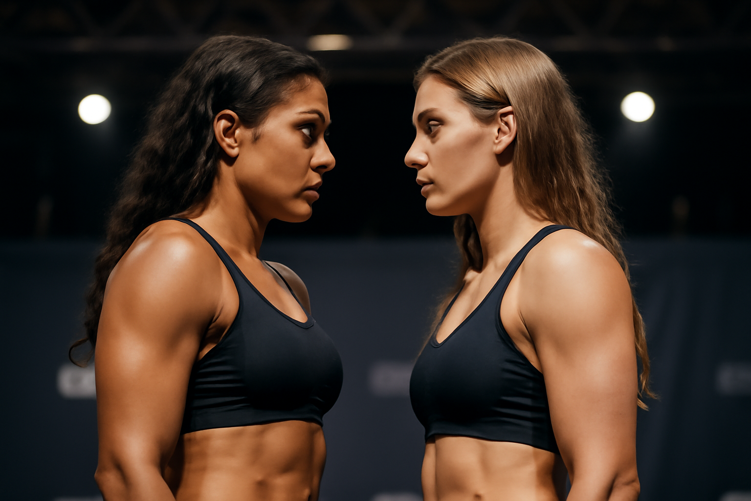 Two mixed martial arts fighters face off during a ceremonial weigh-in on stage