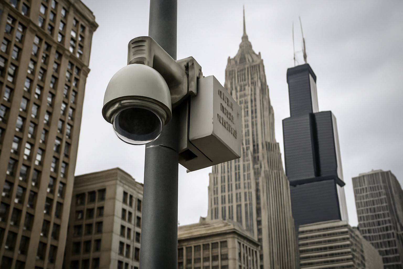 Surveillance camera mounted on a Chicago street pole against a cloudy sky