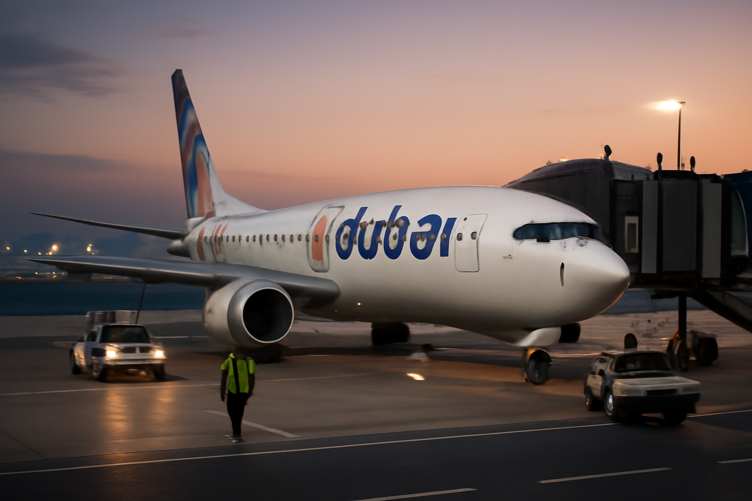 A FlyDubai commercial aircraft parked at a gate with ground crew nearby