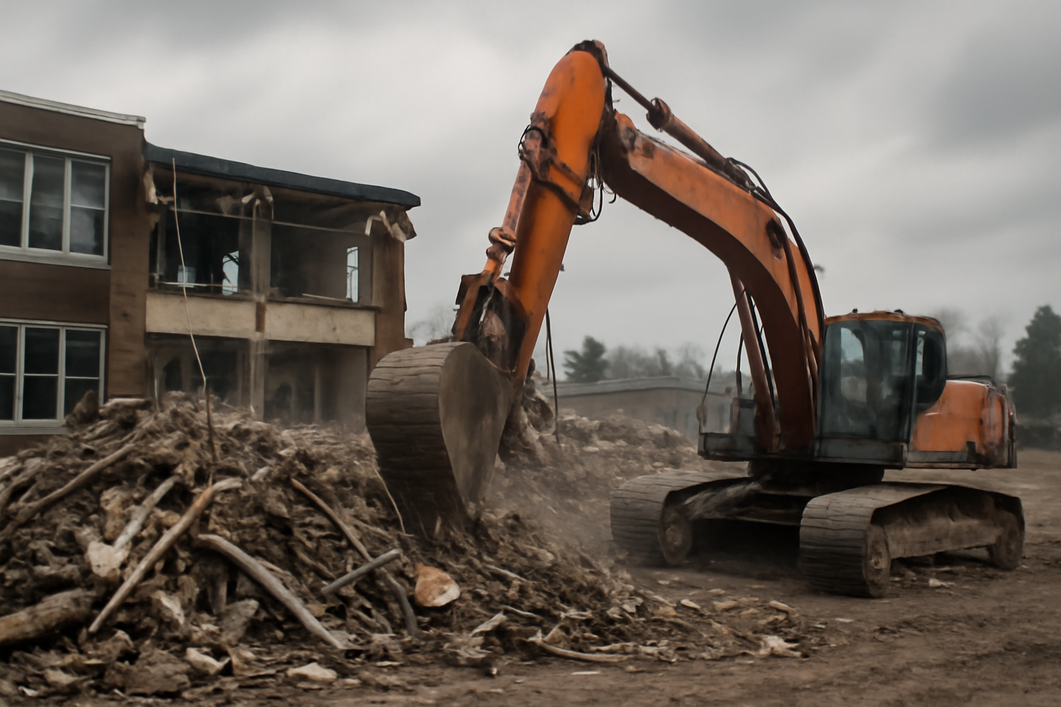 Demolition equipment clearing the rubble of a rural Canadian school building under an overcast sky