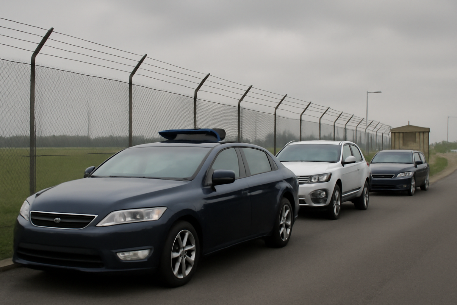 Police vehicles parked near the perimeter fence of a military installation in the United Kingdom on an overcast day