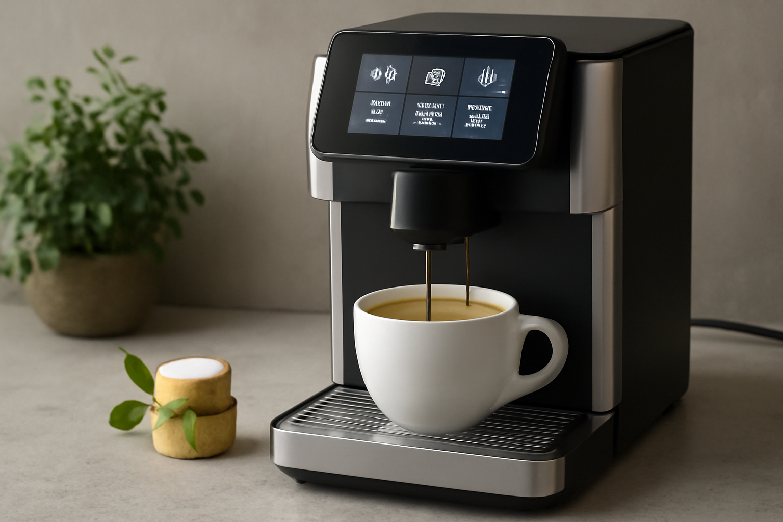 Close-up of a sleek coffee machine dispensing espresso into a white cup beside a compostable coffee pod