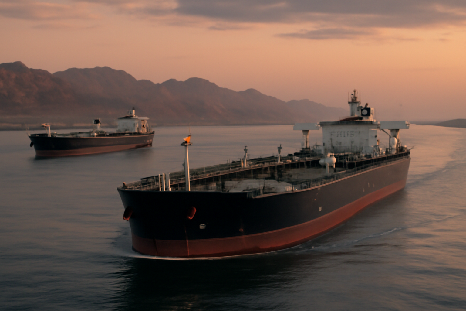 Oil tankers lined up near a narrow strait with Gulf coastline visible in the background