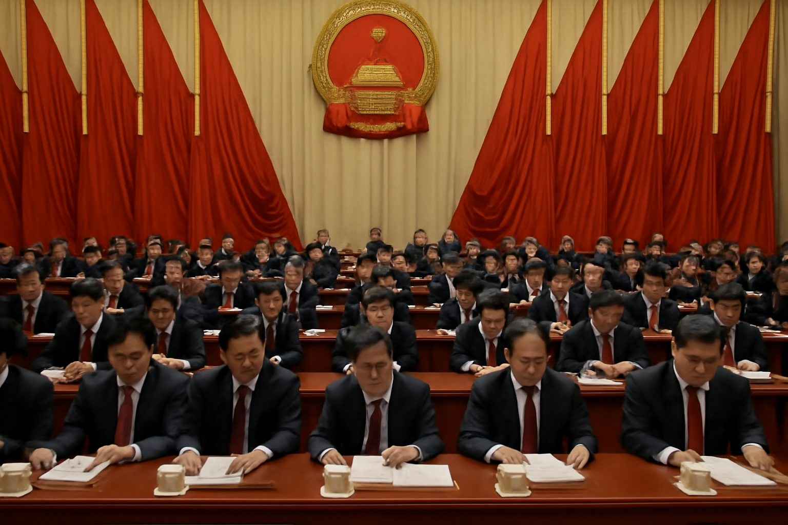 Chinese Communist Party officials seated in rows inside the Great Hall of the People during a leadership session