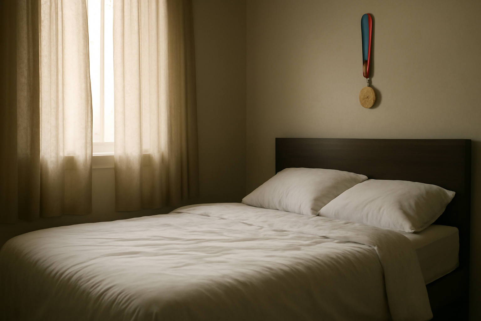 An empty sprint track lane marker beside hospital-style bedding, symbolizing an athlete's shift from competition to illness