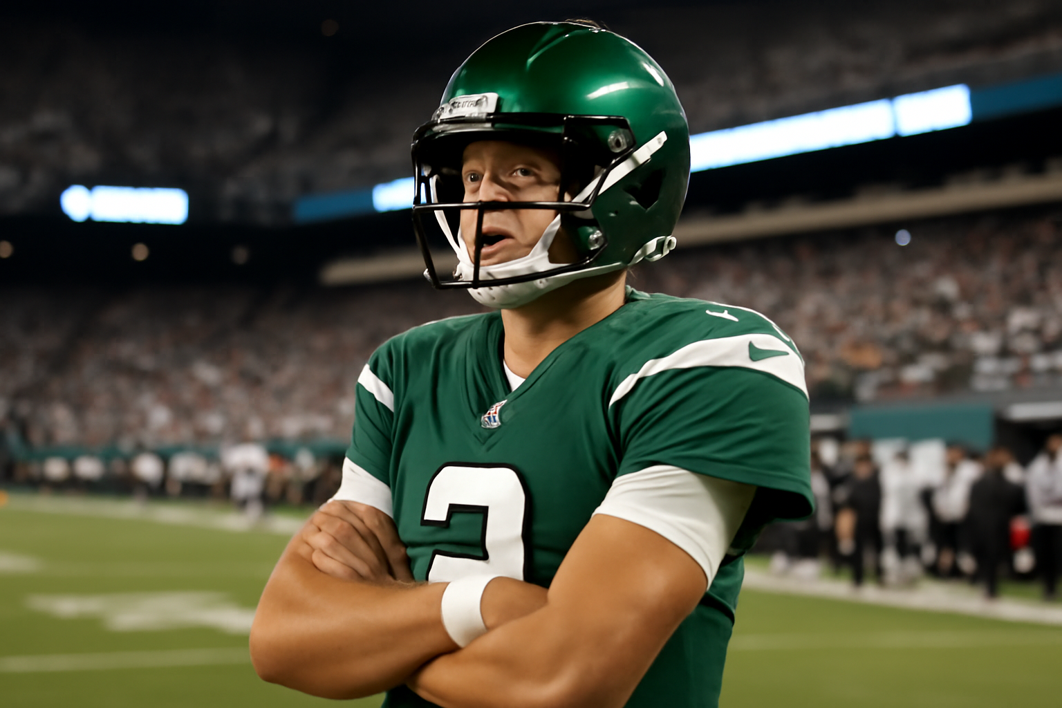 Philadelphia Eagles quarterback standing on the sideline in uniform, not in pads for contact drills