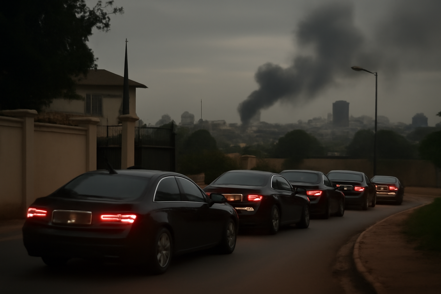 Smoke rising over a city skyline at dusk with diplomatic vehicles departing a government compound