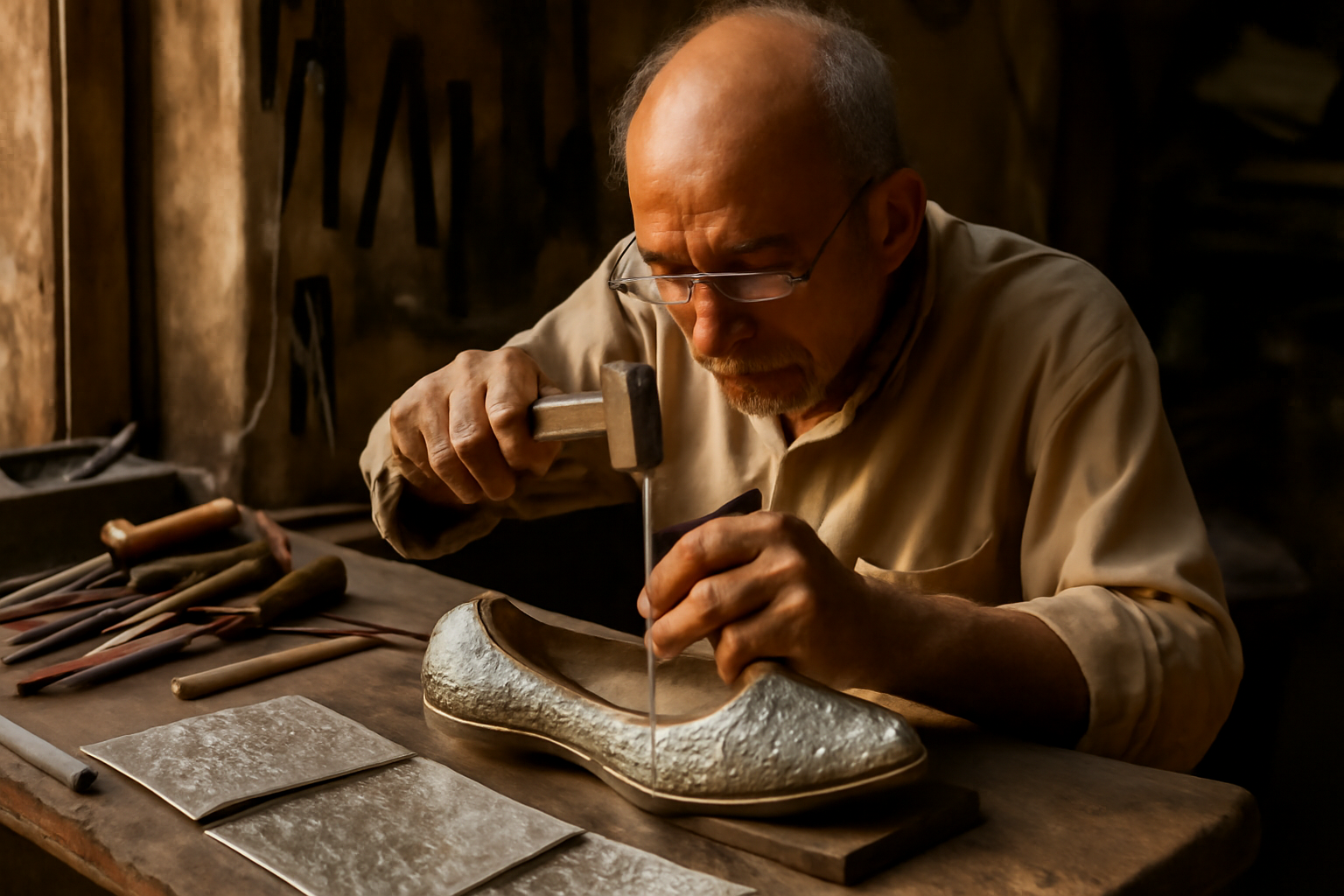 Silver nagra wedding shoes with hammered floral designs on a craftsman's workbench in Lucknow