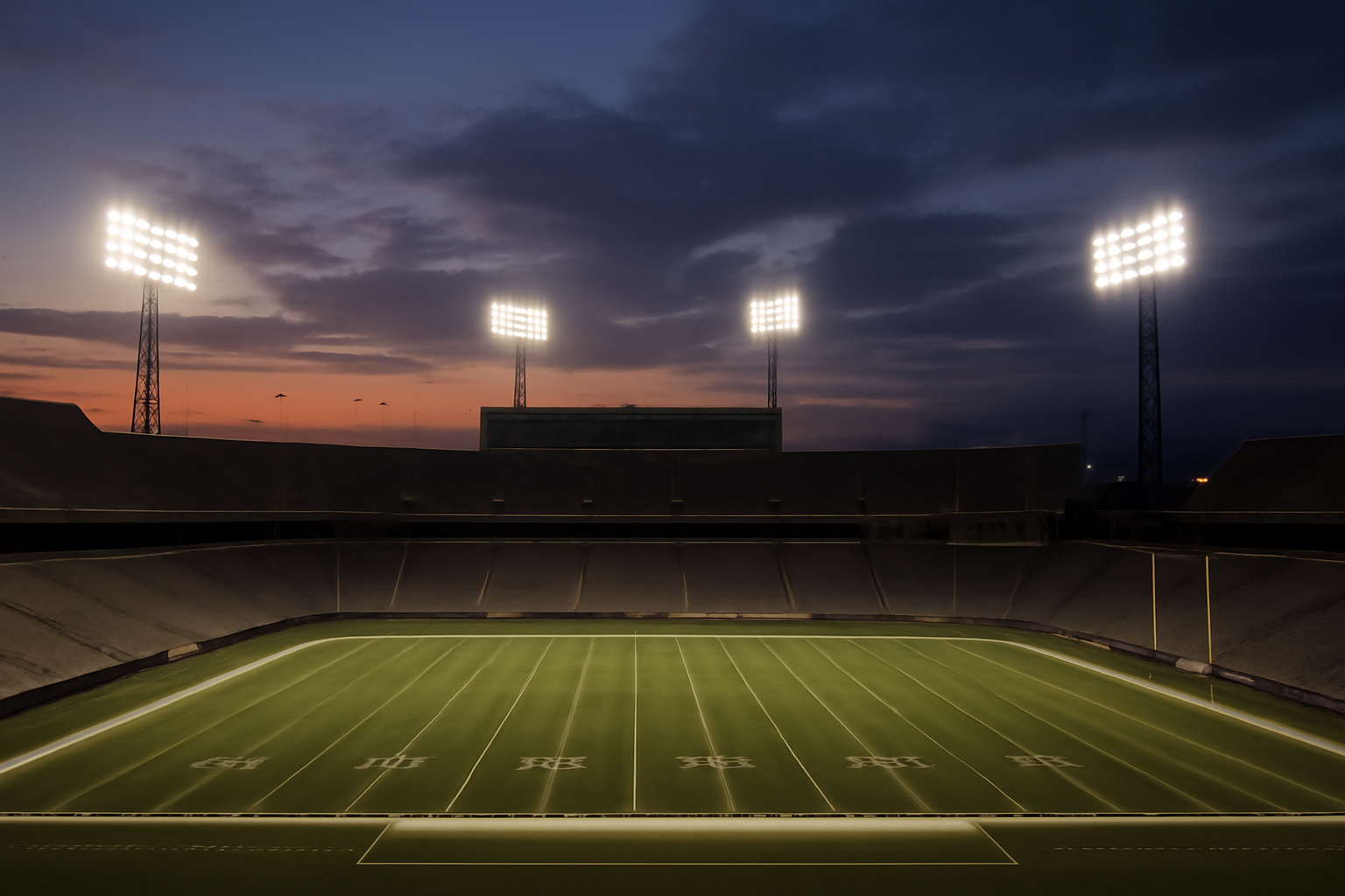 Empty college football stadium seating bowl and field lights before a Saturday night kickoff