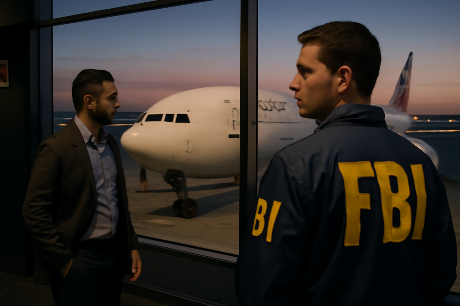 FBI agents standing near an international departure gate at Los Angeles International Airport