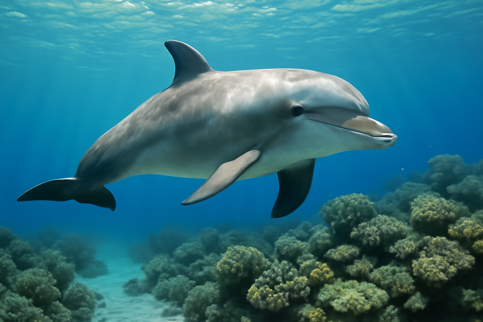 Bubbles the dolphin swimming near the Great Barrier Reef