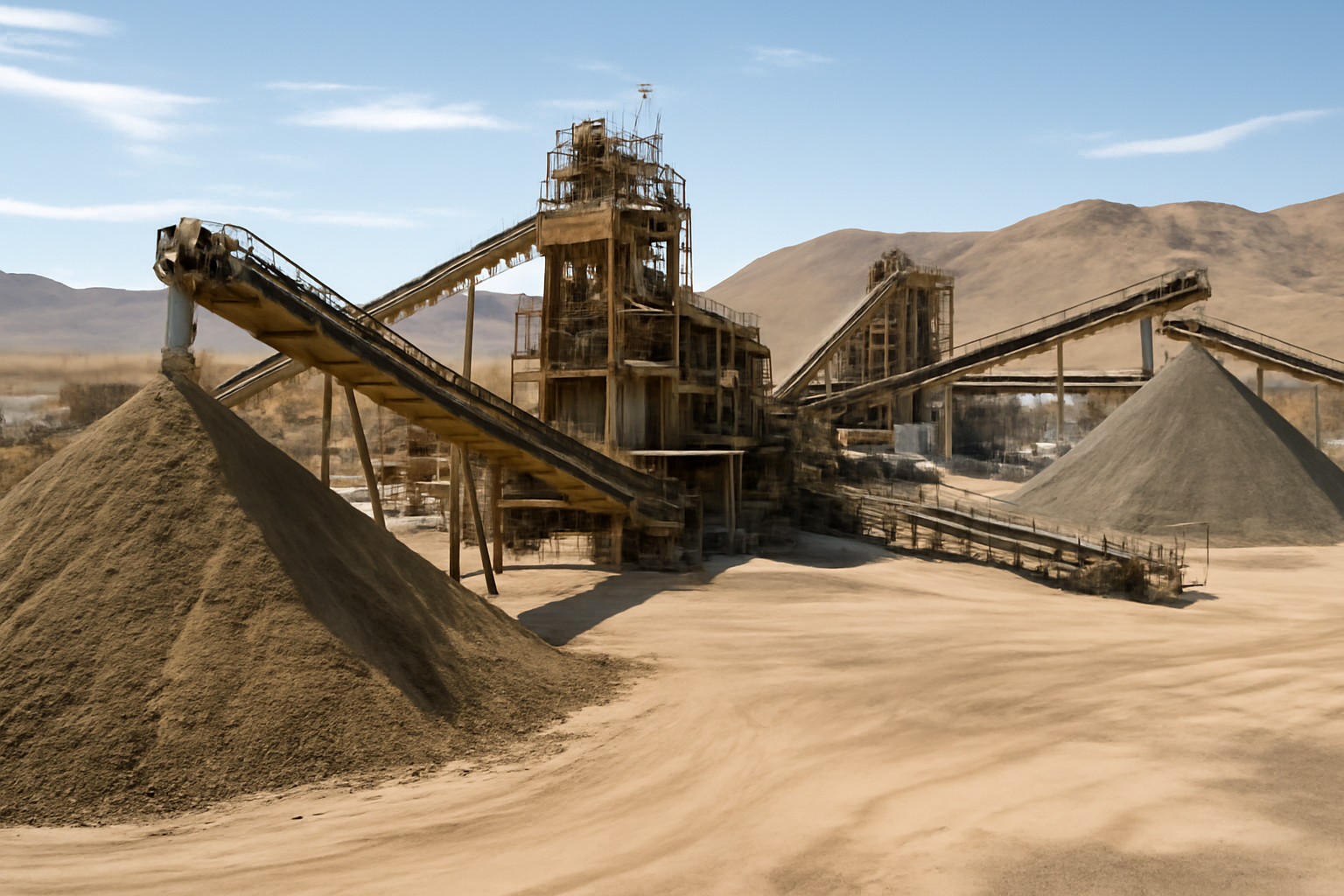Rare earth ore processing facility with mining equipment in a California desert landscape