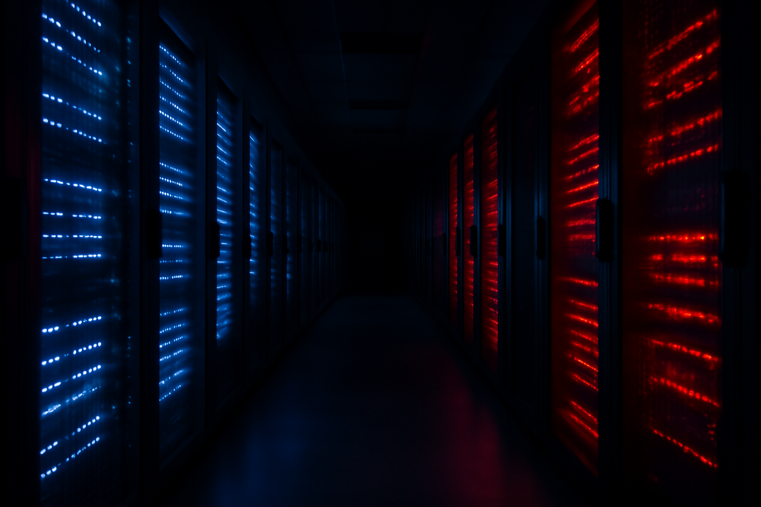 Rows of server racks with glowing blue lights representing competing US and Chinese AI computing infrastructure