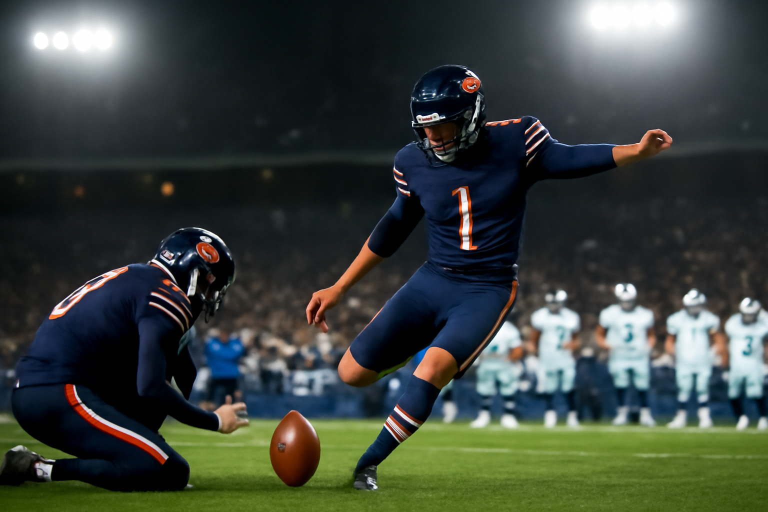 Chicago Bears kicker lining up a field goal under stadium lights during a night game against the New England Patriots