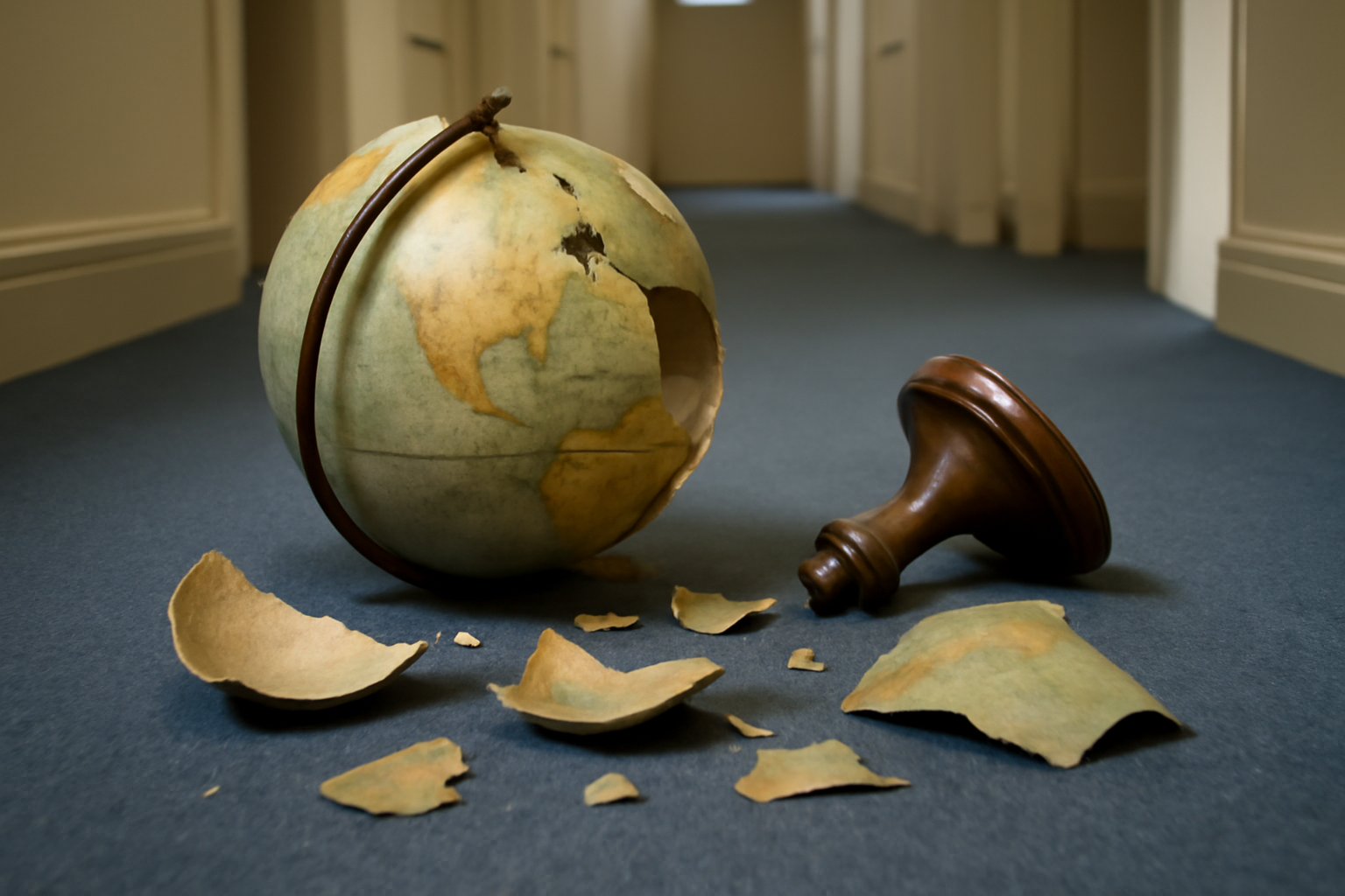 Shattered pieces of an antique world globe scattered on a carpeted hallway floor
