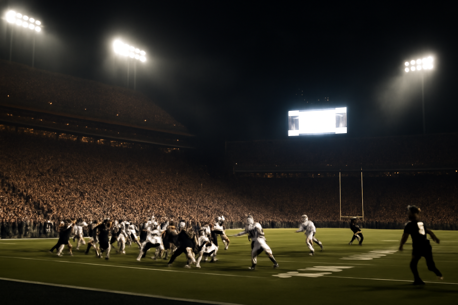 College football stadium scoreboard showing a top-ranked team's score during a tense fourth quarter
