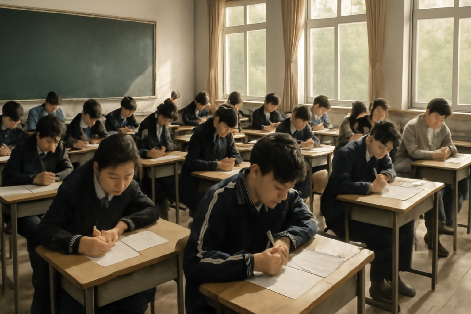 Rows of Chinese secondary school students seated at individual desks during a standardized exam