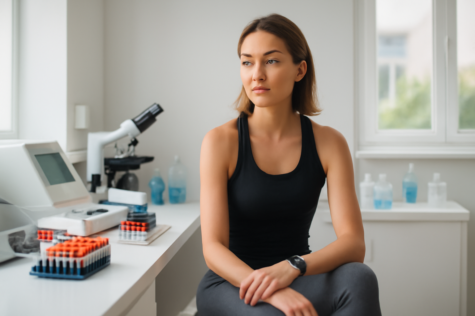 Woman seated at a home biometric testing station surrounded by blood and urine sample vials