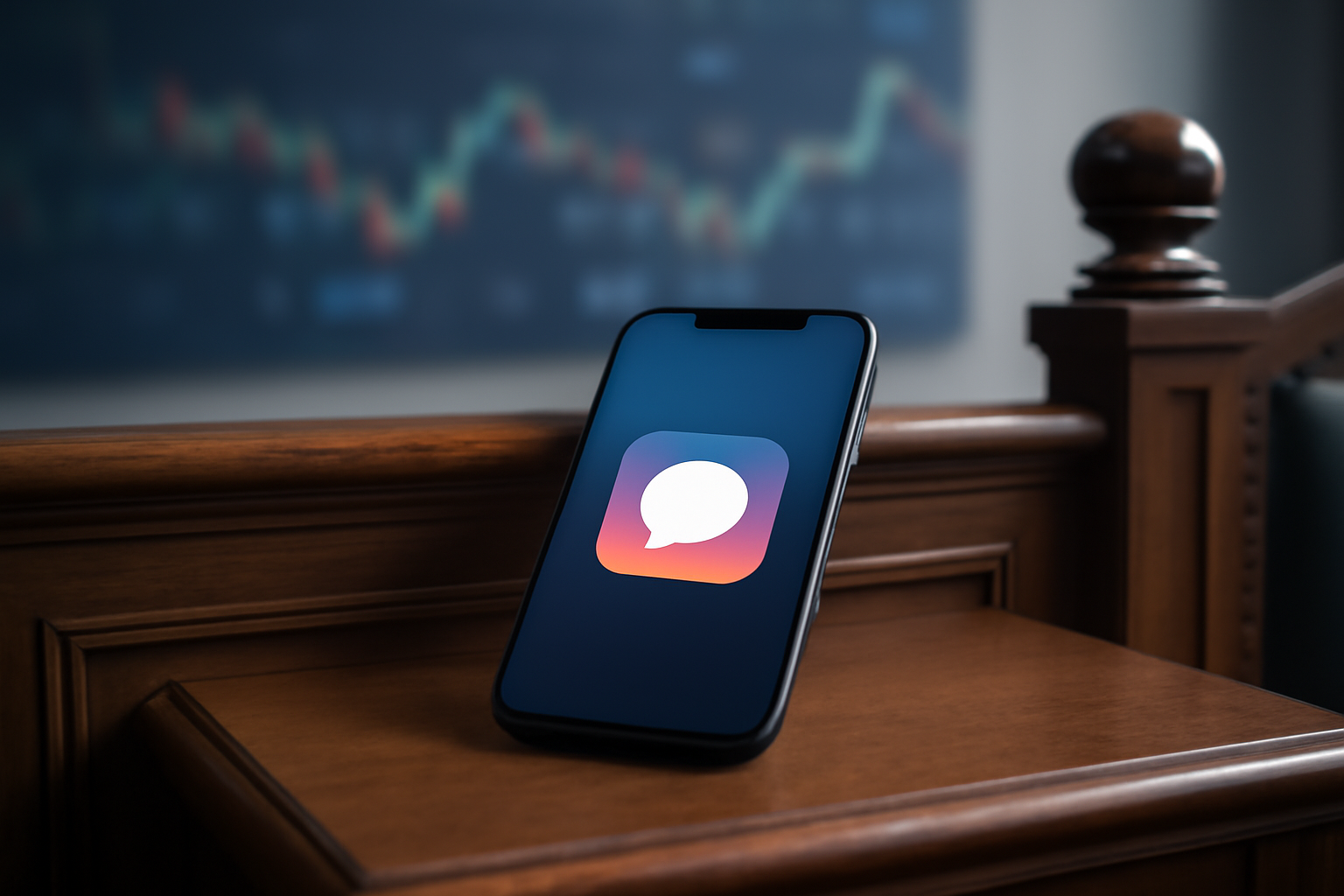 A smartphone displaying the Truth Social app next to a courthouse facade and a declining stock chart