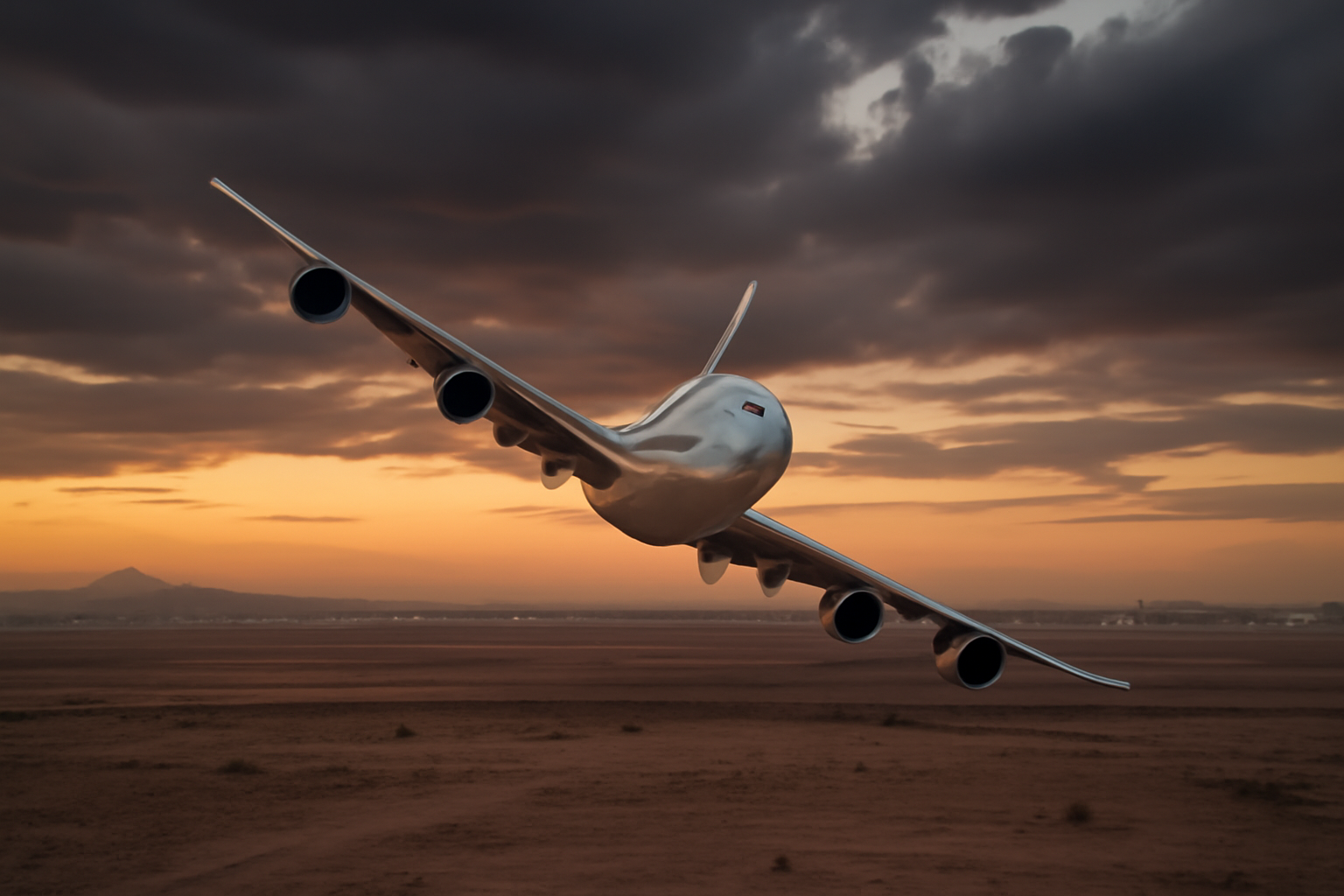 Commercial jetliner banking low over desert terrain near a Gulf-region airport at dusk.