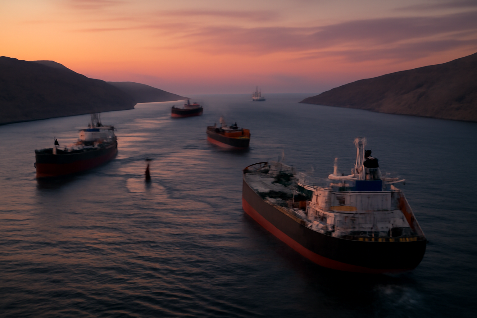 Container and tanker ships lined up near a narrow strait with an oil platform in the distance