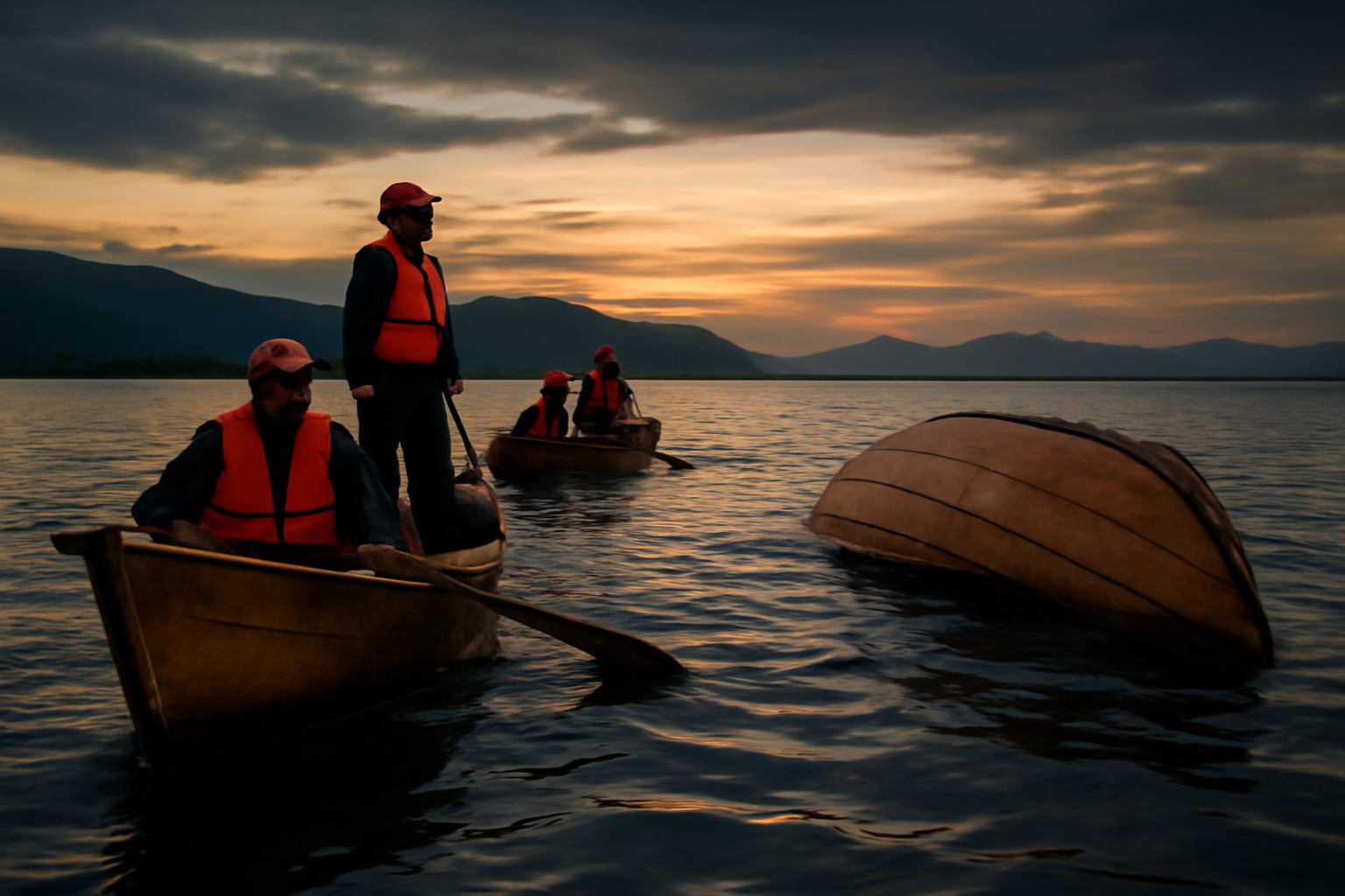 Rescuers in small wooden boats searching the surface of Lake Kivu at dusk after a vessel capsized near Idjwi Island