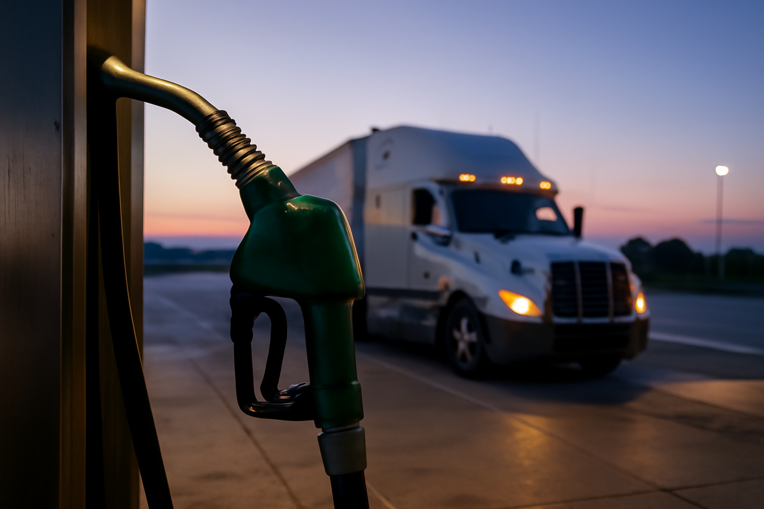 Diesel fuel pump nozzle at a highway truck stop with a semi truck fueling