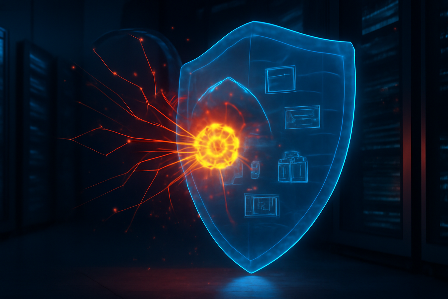 A glowing digital agent icon breaching a government network diagram displayed on a monitor