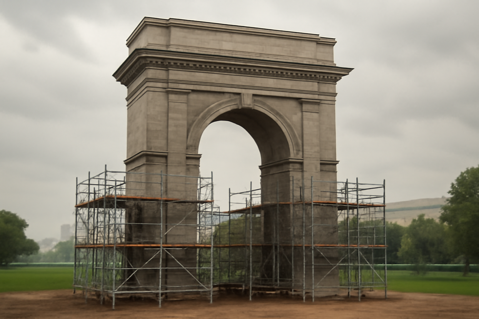 A large stone arch under construction near the Washington Monument grounds with scaffolding visible