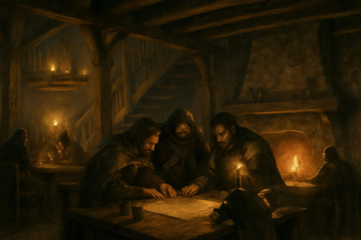 Stylized fantasy tavern scene evoking a classic PC role-playing game from the early 2000s